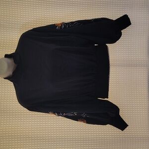 Black flower embroidered lantern sleeve shirred hem crop top